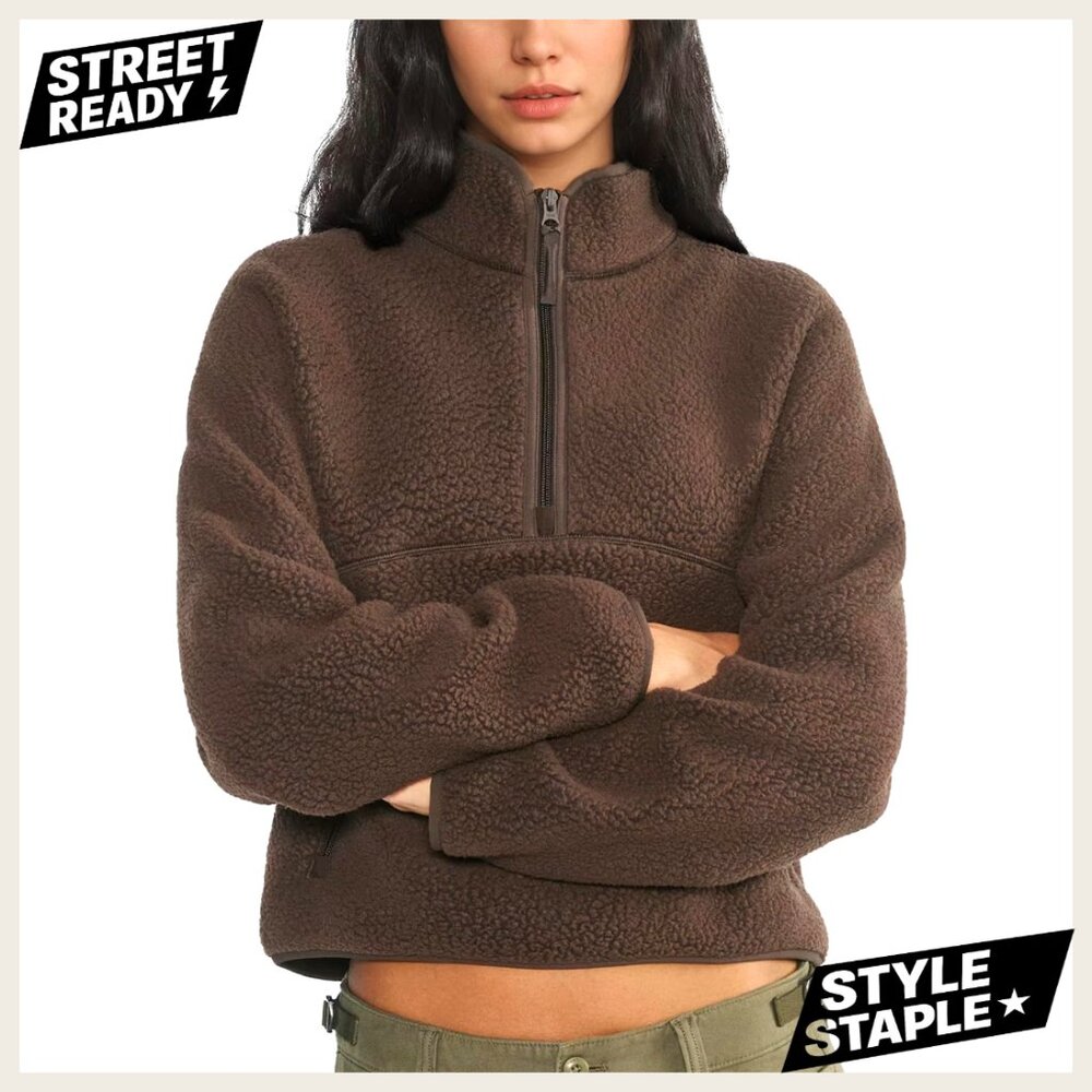 Cropped Fleece Pullover Half Zip Sherpa Jacket with Pockets